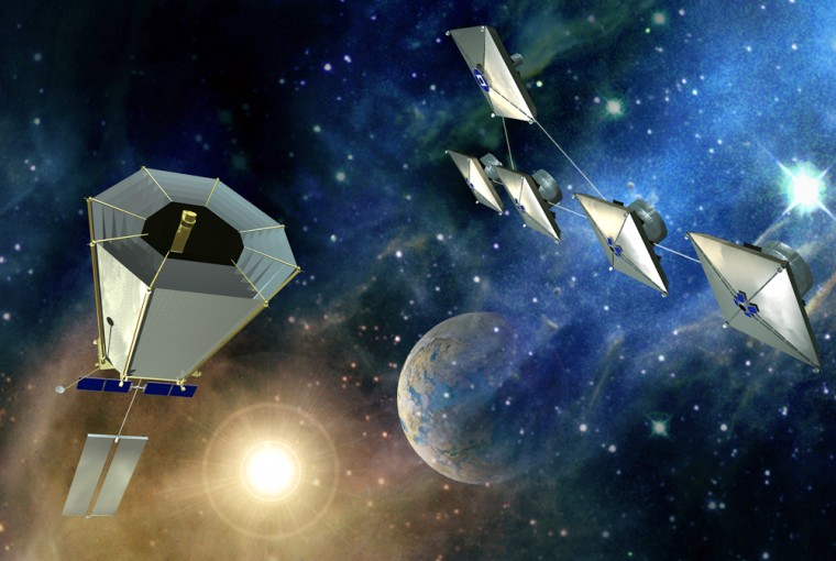 NASA artwork shows concepts for the Terrestrial Planet Finder, including a visible-light coronagraph that would have sought planets around distant stars, at left; and a formation-flying infrared interferometer for studying extrasolar planets in depth, at right.
